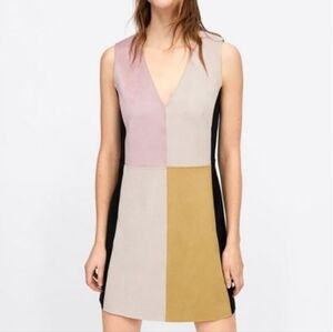 Zara Faux Suede Colorblock Dress Sz S Beige Black Mustard V-Neck Sleeveless Mod